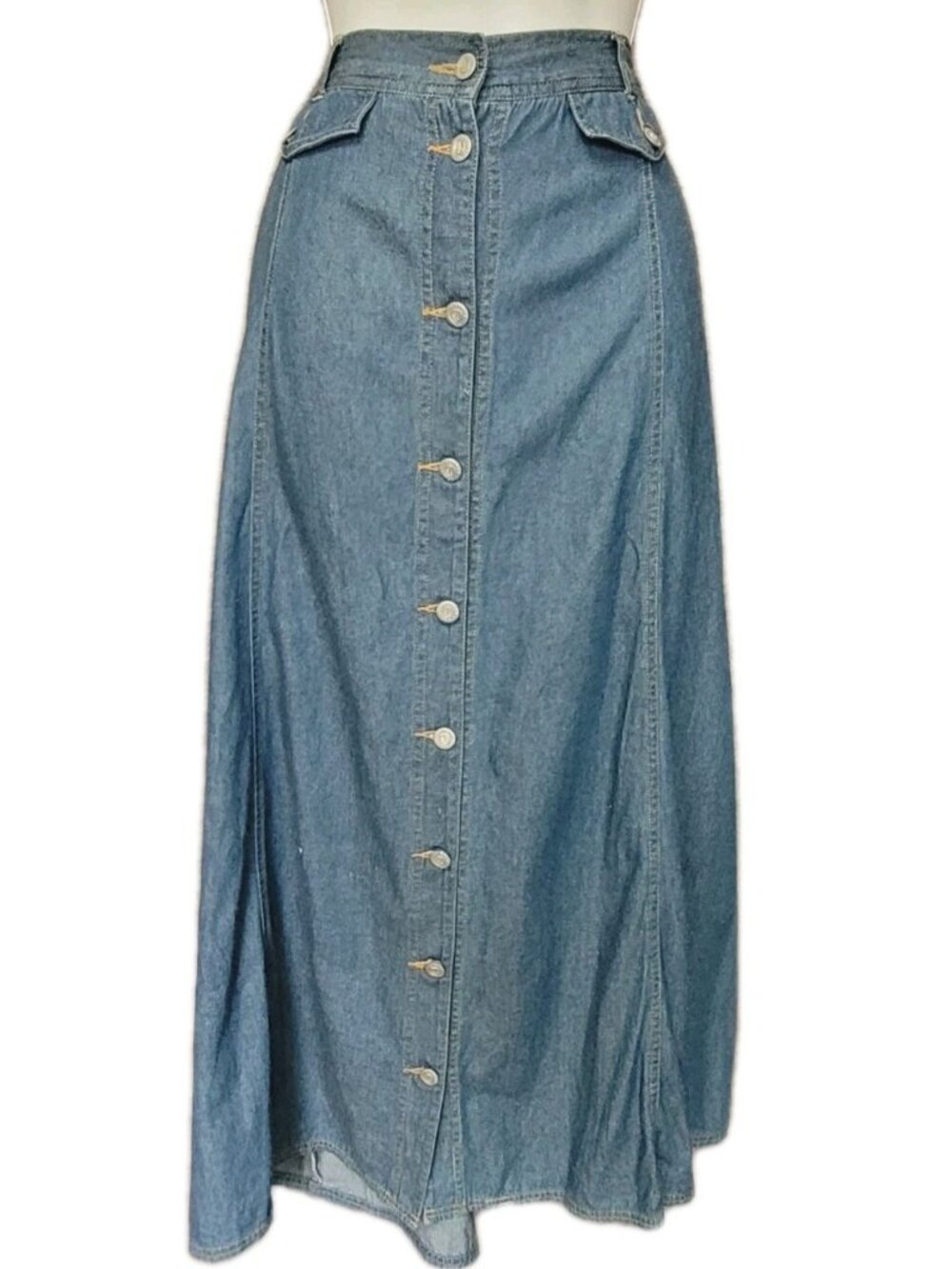 Vintage 90s Denim Maxi Skirt Jean Skirt 20W Y2K Button Front A Line Elastic Back